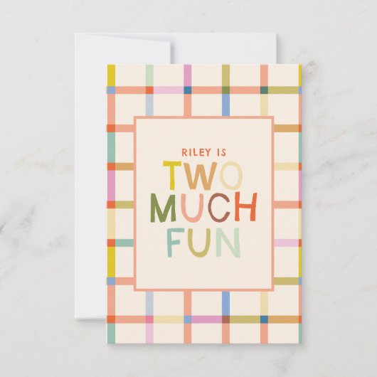 パステルチェックの「トゥーマッチ・ファン」2歳の誕生日お礼メッセージ サンキューカード (正面)