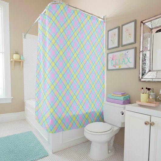 パステルチェック シャワーカーテン