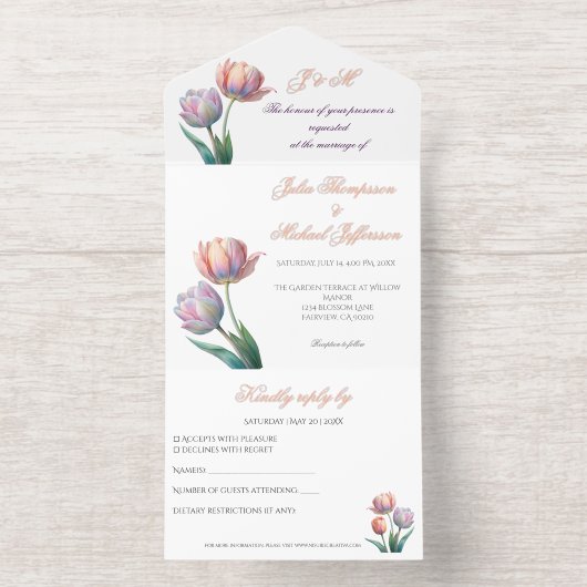 パステルチューリップ結婚ズスイートエレガントタイポグラフィ オールインワン招待状 (内側)