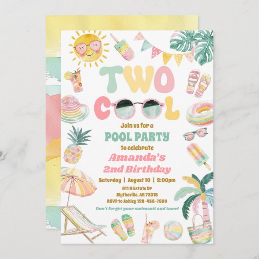 パステルツークール誕生日プールパーティの招待状 招待状 (正面/裏面)