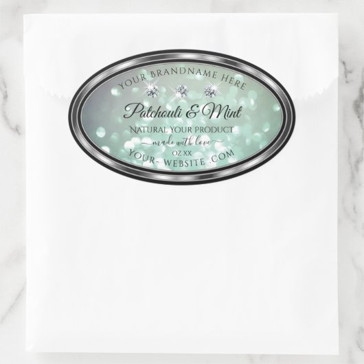 パステルティール(緑がかった色)グリッター製品ラベルとダイヤモンド 楕円形シール (バッグ)