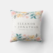 パステルティール（緑がかった色）ピンクウォーターカラーフローラカスタムウェディング クッション (裏面)