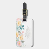 パステルティール(緑がかった色)ピンクウォーターカラーフローラカスタムウェディング ラゲッジタグ (正面縦)