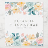 パステルティール（緑がかった色）ピンクウォーターカラーフローラカスタムウェディング ワインラベル (シングルラベル)