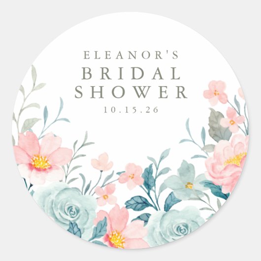 パステルティール(緑がかった色)ピンクウォーターカラーフローラブライダルシャワー ラウンドシール (正面)