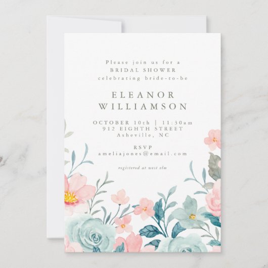パステルティール(緑がかった色)ピンクウォーターカラーフローラブライダルシャワー 招待状 (正面)
