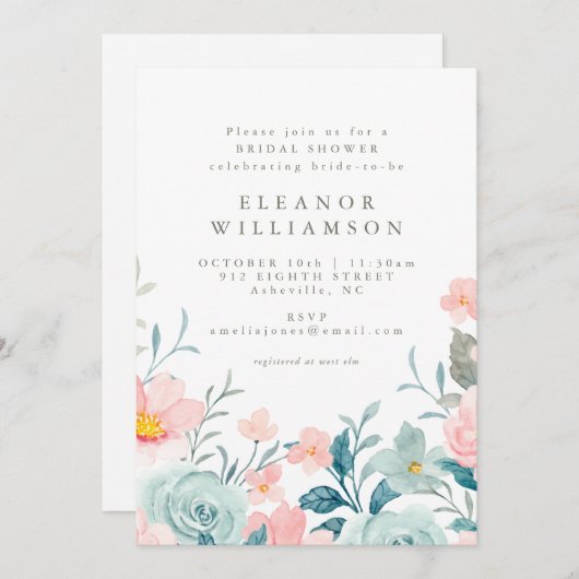 パステルティール（緑がかった色）ピンクウォーターカラーフローラブライダルシャワー 招待状 (正面/裏面)