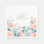 パステルティール(緑がかった色)ピンクウォーターカラーフローラベビーシャワー スタンダードカクテルナプキン (正面)