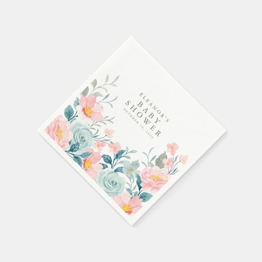 パステルティール(緑がかった色)ピンクウォーターカラーフローラベビーシャワー スタンダードカクテルナプキン (角)