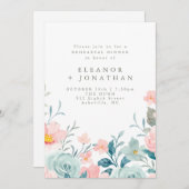 パステルティール(緑がかった色)ピンクウォーターカラーフローラリハーサル 招待状 (正面/裏面)