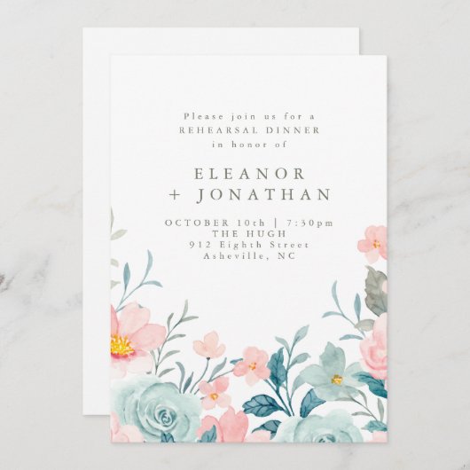 パステルティール（緑がかった色）ピンクウォーターカラーフローラリハーサル 招待状 (正面/裏面)