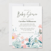 パステルティール(緑がかった色)ピンクフローラかわいいスクリプトベビーシャワー 招待状 (正面)