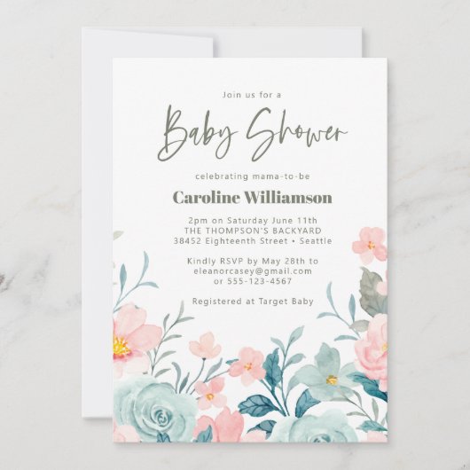 パステルティール（緑がかった色）ピンクフローラかわいいスクリプトベビーシャワー 招待状 (正面)