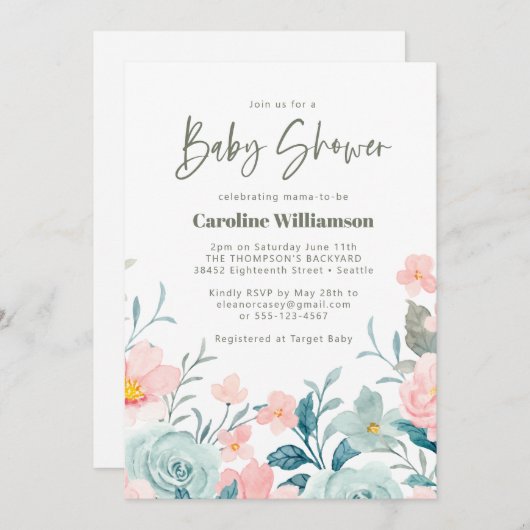 パステルティール（緑がかった色）ピンクフローラかわいいスクリプトベビーシャワー 招待状 (正面/裏面)