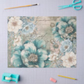 パステルティール(緑がかった色)&ブルーウォーターカラー花模様ティッシュペーパー 薄葉紙 (クラフト)