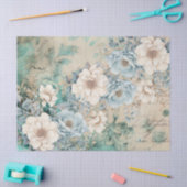 パステルティール（緑がかった色）&ブルーウォーターカラー花模様ティッシュペーパー 薄葉紙 (クラフト)