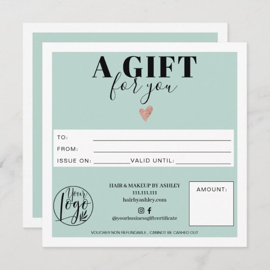 パステルティール(緑がかった色)ブルースクエアギフト証明書のロゴ (正面/裏面)