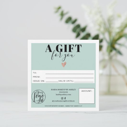 パステルティール（緑がかった色）ブルースクエアギフト証明書のロゴ (スタンド正面)