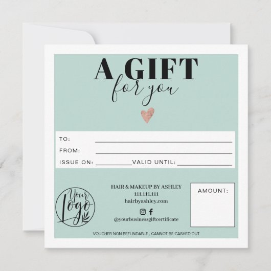 パステルティール（緑がかった色）ブルースクエアギフト証明書のロゴ (正面)