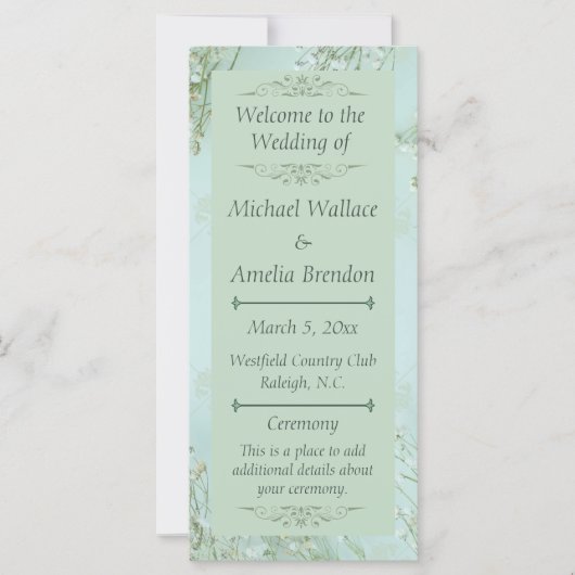 パステルティール（緑がかった色）ホワイトフラワーズ結婚式 プログラム (正面)