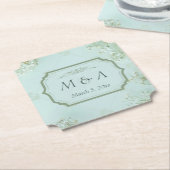 パステルティール（緑がかった色）ホワイトフラワ結婚ーズチケット ペーパーコースター (アングル)