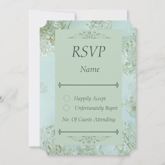 パステルティール（緑がかった色）ホワイトフラワ結婚ーズチケットRSVPカード (正面)