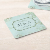 パステルティール（緑がかった色）ホワイトフラワ結婚ーズ スクエアペーパーコースター (アングル)