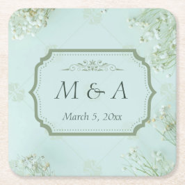 パステルティール(緑がかった色)ホワイトフラワ結婚ーズ スクエアペーパーコースター