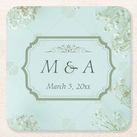 パステルティール（緑がかった色）ホワイトフラワ結婚ーズ スクエアペーパーコースター (正面)