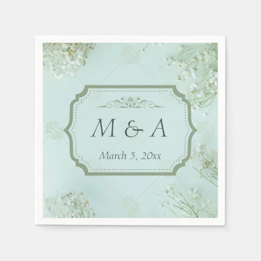 パステルティール（緑がかった色）ホワイトフラワ結婚ーズ スタンダードカクテルナプキン (正面)