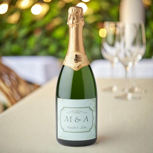 パステルティール（緑がかった色）ホワイトフラワ結婚ーズ スパークリングワインラベル