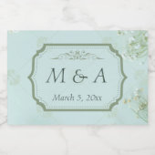 パステルティール（緑がかった色）ホワイトフラワ結婚ーズ スパークリングワインラベル (シングルラベル)