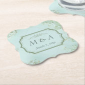 パステルティール（緑がかった色）ホワイトフラワ結婚ーズ ペーパーコースター (アングル)