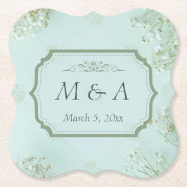 パステルティール(緑がかった色)ホワイトフラワ結婚ーズ ペーパーコースター