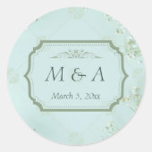 パステルティール（緑がかった色）ホワイトフラワ結婚ーズ ラウンドシール (正面)