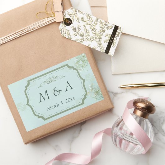 パステルティール（緑がかった色）ホワイトフラワ結婚ーズ 長方形シール (ギフト)