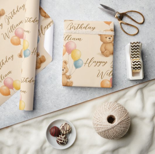 パステルテディベア誕生日ラッピング紙 | 文字 ラッピングペーパー (クラフト)