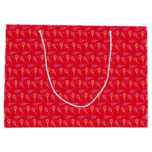パステルテニスラケットとテニスボールを赤で ラージペーパーバッグ (裏面)
