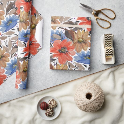 パステルテラコッタブルーフローラウォーターカラーパターン ラッピングペーパー (クラフト)