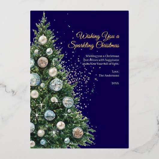 パステルディスコボールオーナメントクリスマスツリー写真 箔シーズンカード (正面)