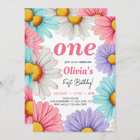 パステルデイジーガールバースデー 招待状 (正面/裏面)