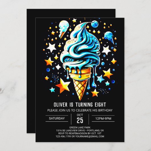 パステルデジタルシックボーイアイスクリーム誕生日 招待状 (正面/裏面)