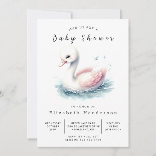 パステルデジタルスワンベビーシャワー 招待状 (正面)