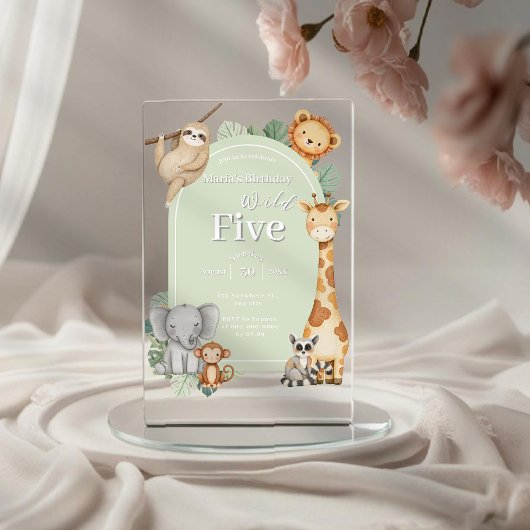 パステルトロピカルジャングルサファリ動物の誕生日 アクリル招待状