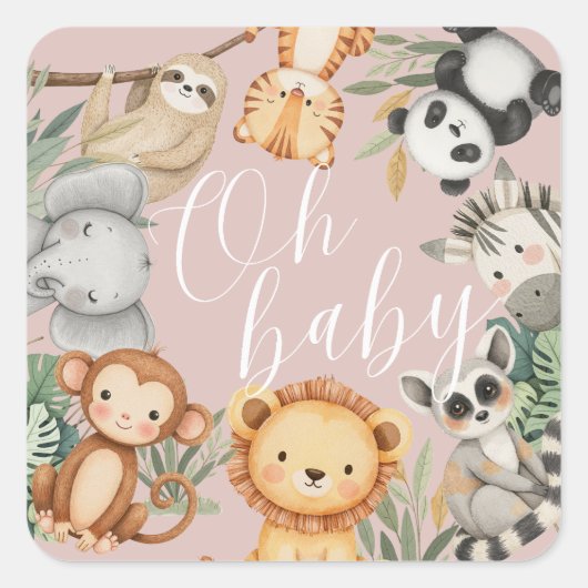 パステルトロピカルベビーシャワージャングルサファリ動物 スクエアシール (正面)