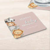 パステルトロピカルベビーシャワージャングルサファリ動物 スクエアペーパーコースター (アングル)