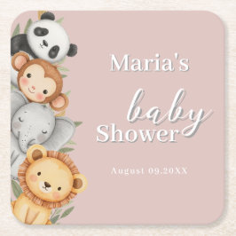 パステルトロピカルベビーシャワージャングルサファリ動物 スクエアペーパーコースター