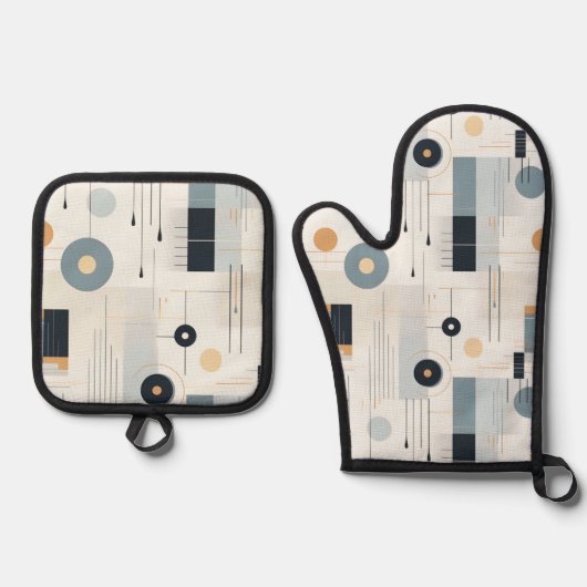 パステルトーンミッドセンチュリー幾何学模様 鍋つかみ&鍋敷きセット (正面)