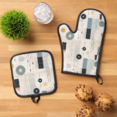 パステルトーンミッドセンチュリー幾何学模様 鍋つかみ&鍋敷きセット (トップダウン)