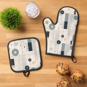 パステルトーンミッドセンチュリー幾何学模様 鍋つかみ&鍋敷きセット